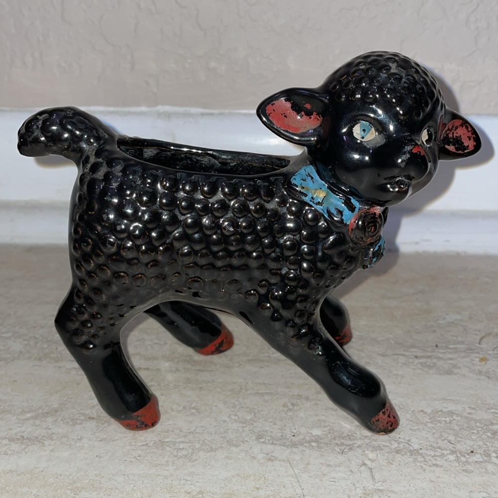 Vintage Artsy whimsical Black Sheep Planter, Lamb ceramic figurine 1940’s-60s